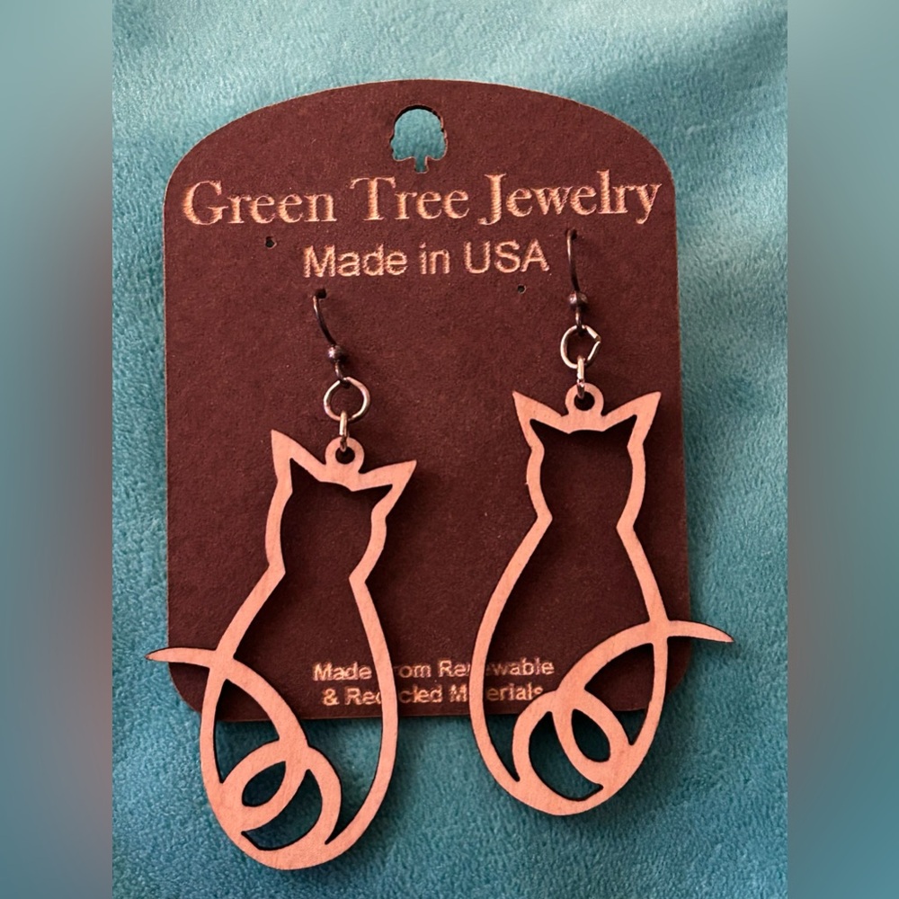 Wooden Cut Cat Earrings by Green Tree Jewelry, Made in USA, New, Lightweight